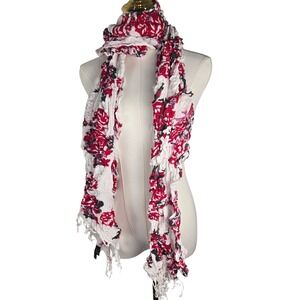 Saks Fifth Avenue Red Floral Crinkle Scarf Ruffle Fringed Trim Stretch Wrap